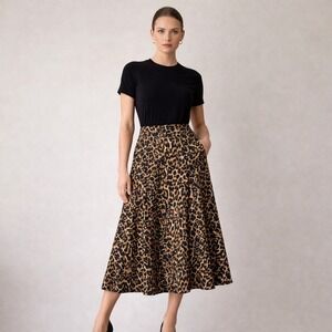 Leopard Print Skirt Womens Large Tan Black Midi A-Line Stretch  Carole Wren